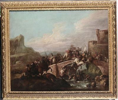 Giuseppe Zais (forno di Canale 1709 - Treviso 1781), Attribuito Abattaglia con Cavalieri su un Po...