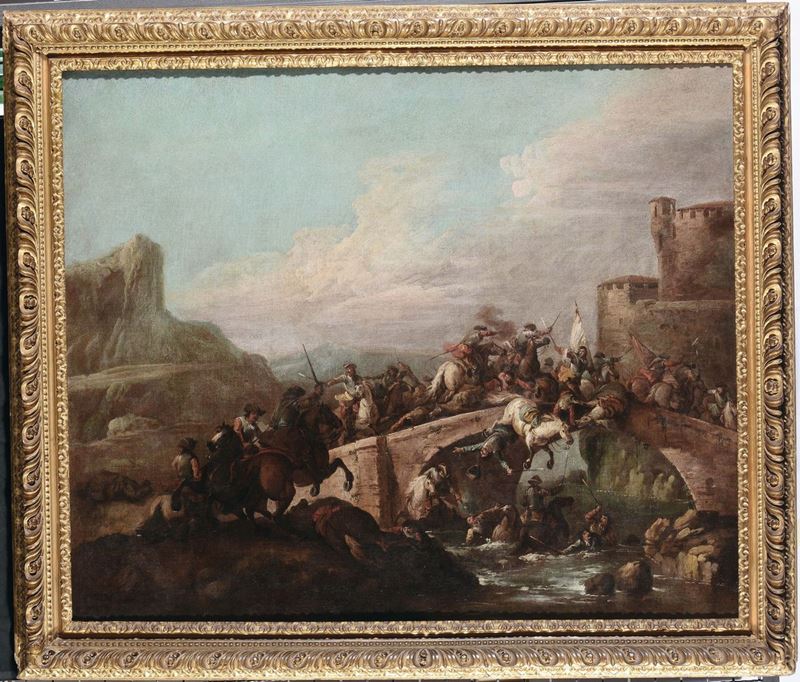 Giuseppe Zais (Forno di Canale 1709 - Treviso 1781), attribuito a Battaglia con cavalieri su un ponte  - Auction Old Masters Paintings - II - Cambi Casa d'Aste