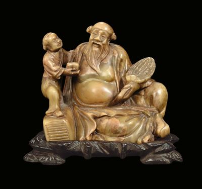Scultura con Due Personaggi in Pietra, Cina XX Secolo