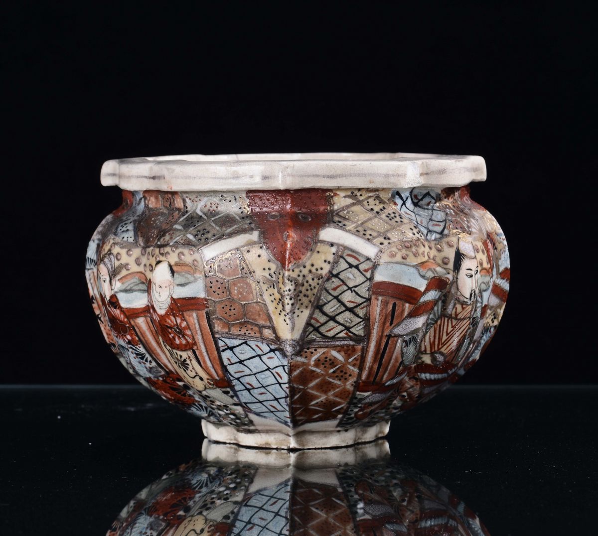 Cache-pot in Ceramica Policroma con Figure Orientale, Giappone Satzuma