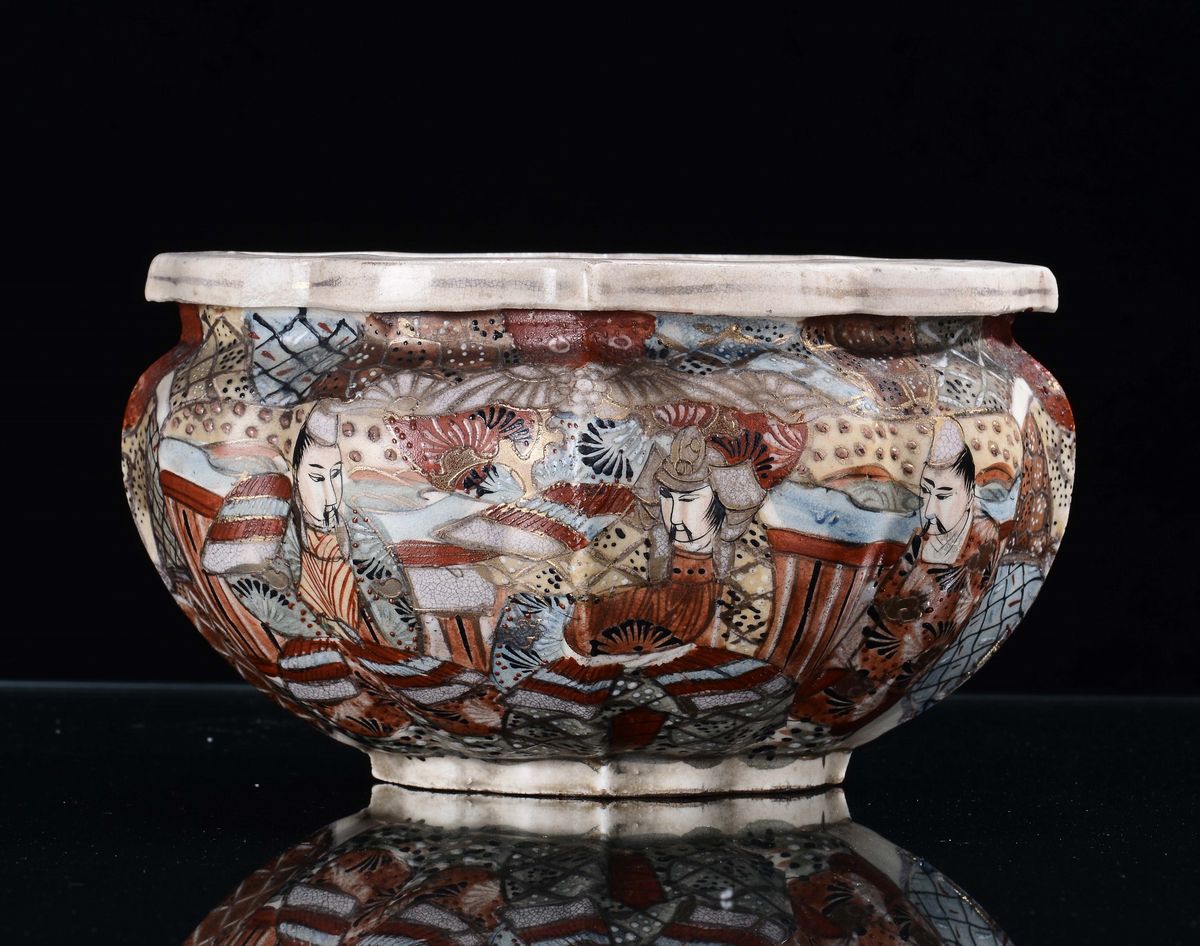 Cache-pot in Ceramica Policroma con Figure Orientale, Giappone Satzuma