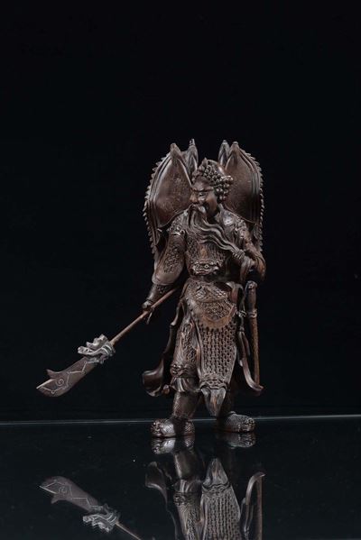 Scultura di Guerriero in Legno Duro, Cina XX Secolo