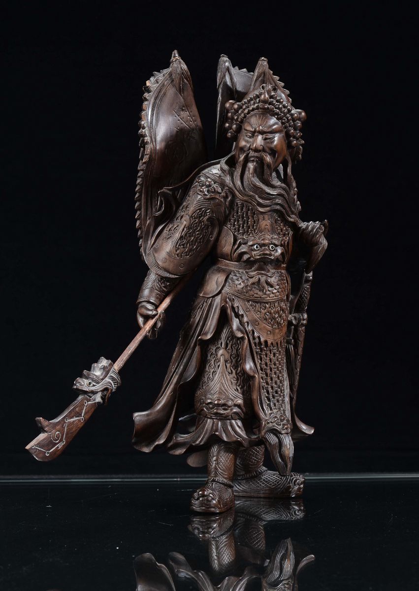 Scultura di Guerriero in Legno Duro, Cina XX Secolo
