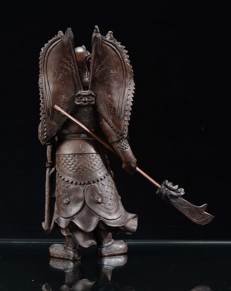 Scultura di Guerriero in Legno Duro, Cina XX Secolo