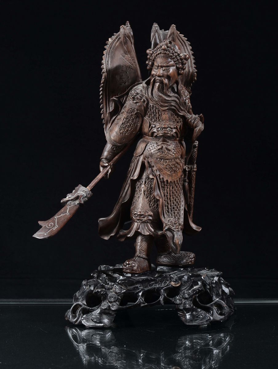 Scultura di Guerriero in Legno Duro, Cina XX Secolo