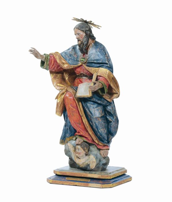 Scultura in legno policromo raffigurante Dio Padre assiso, ambito di Anton Maria Maragliano (Genova 1664-1739)