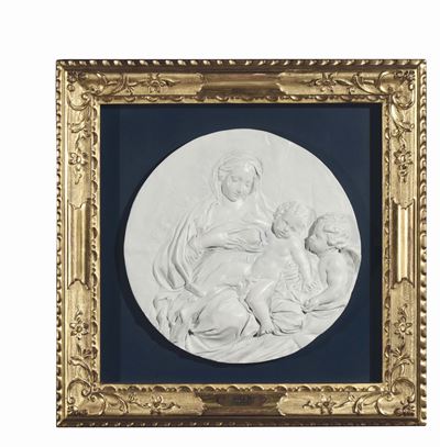Bassorilievo Circolare in Gesso Raffigurante Madonna con Bambino e San Giovannino, XX Secolo