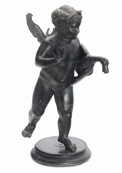 Scultura in Bronzo “dall’antico” Fuso, Patinato e Cesellato Raffigurante Putto con Oca, Manifattu...