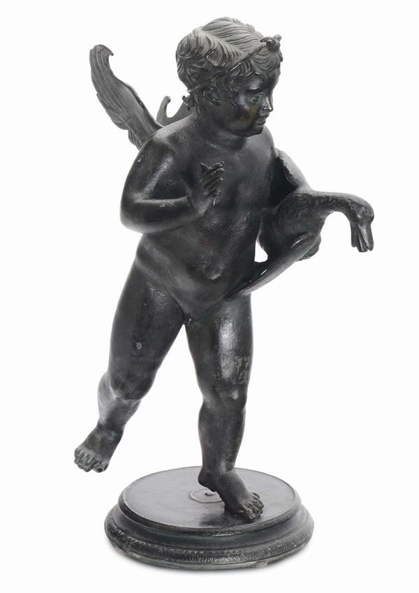 A molten, patinated and chiselled bronze sculpture representing a Putto with goose, Italian manufacture, 19th century