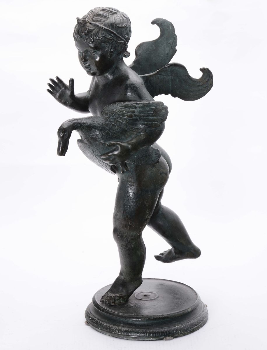 Scultura in Bronzo “dall’antico” Fuso, Patinato e Cesellato Raffigurante Putto con Oca, Manifattu...