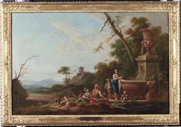 Giuseppe Zocchi (Firenze 1711-1767) Scena campestre con contadini presso una fontana Veduta costiera con contadini presso un monumento