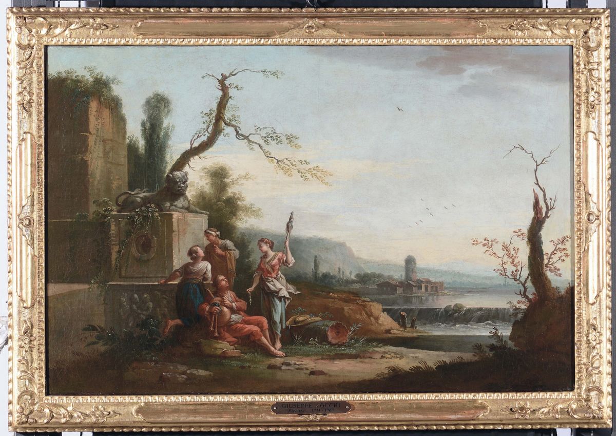 Giuseppe Zocchi (firenze 1711-1767)scena Campestre con Contadini Presso una Fontana Veduta Costie...