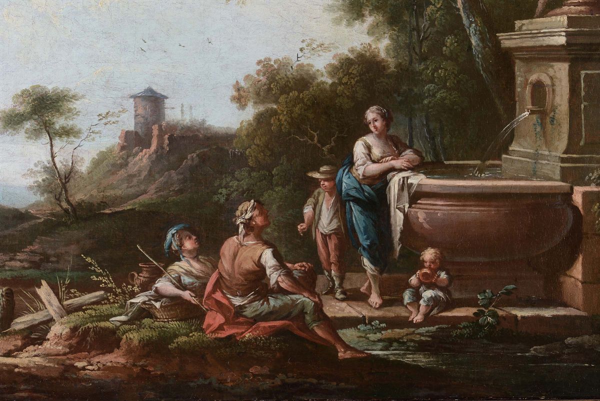 Giuseppe Zocchi (firenze 1711-1767)scena Campestre con Contadini Presso una Fontana Veduta Costie...