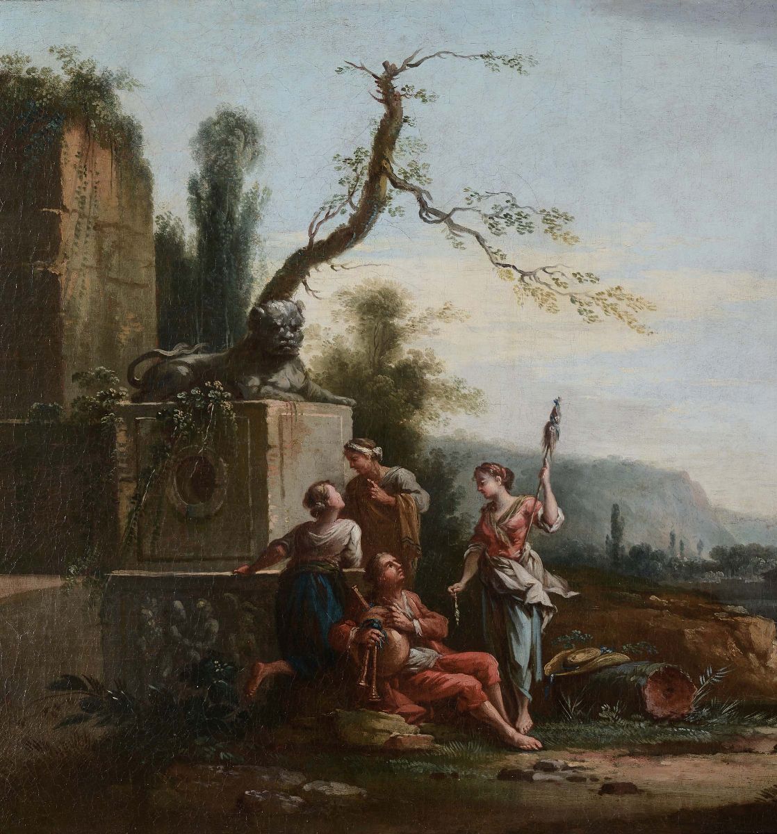 Giuseppe Zocchi (firenze 1711-1767)scena Campestre con Contadini Presso una Fontana Veduta Costie...