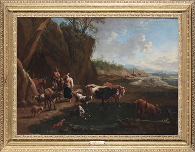 Dirk Van Der Bergen (haarlem 1645 - 1700)animali al Guado