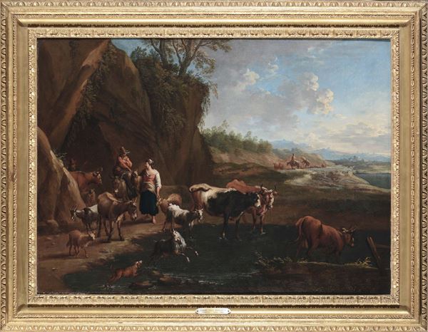 Dirk Van der Bergen (Haarlem 1645 - 1700) Animali al guado