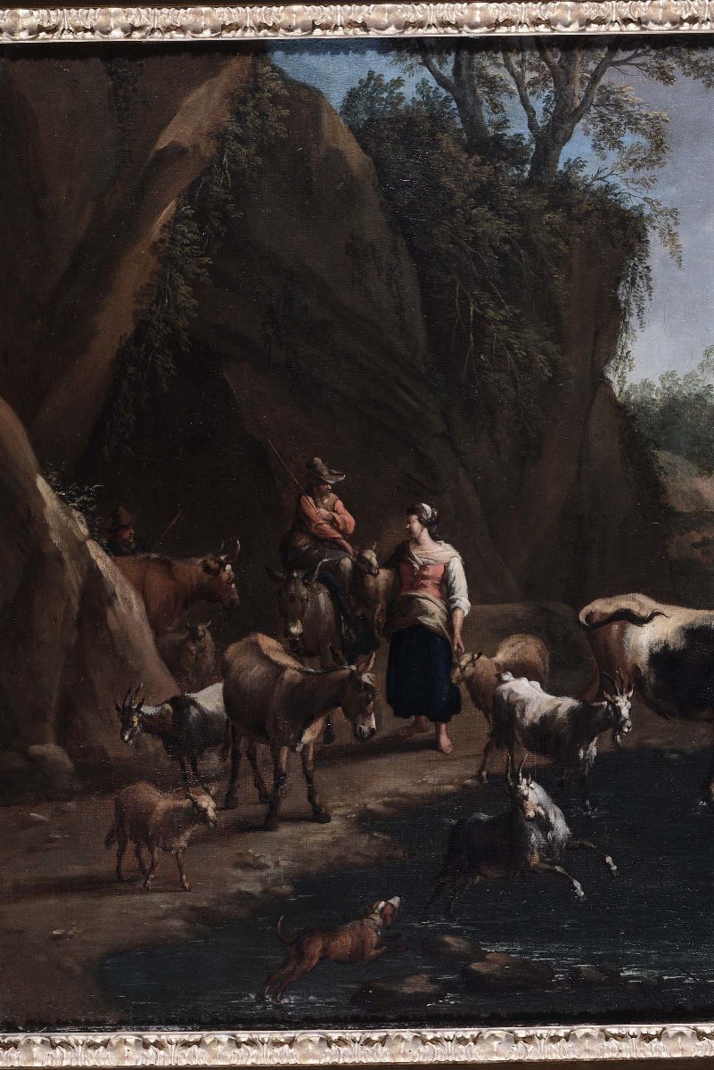 Dirk Van Der Bergen (haarlem 1645 - 1700)animali al Guado