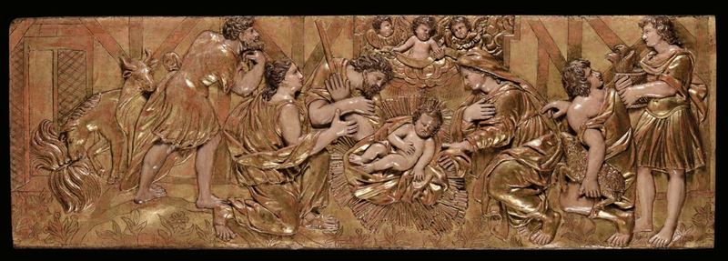 Altorilievo in legno scolpito e dorato raffigurante “Natività”, arte spagnola del XVI-XVII secolo  - Asta Scultura e Oggetti d'Arte - Cambi Casa d'Aste