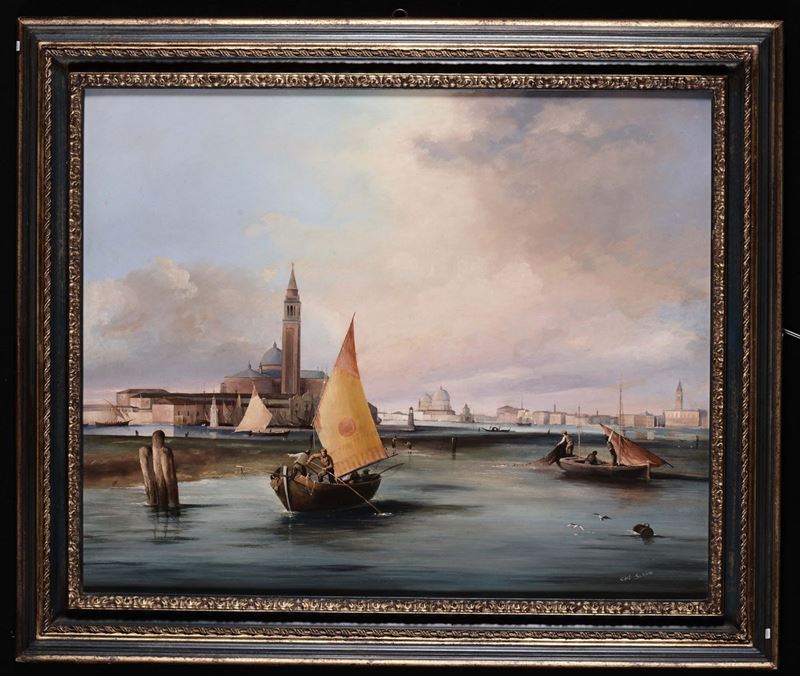 Anonimo del XX secolo Veduta lagunare con S.Giorgio  - Asta Antiquariato e Dipinti Antichi - Cambi Casa d'Aste