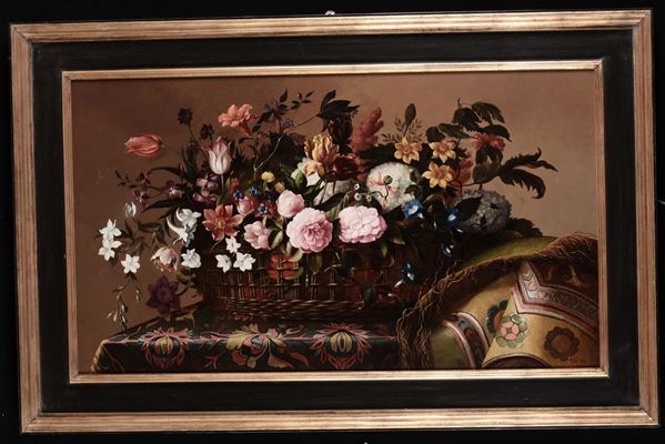 Anonimo del XX secolo Natura morta con cesto di fiori su tappeto