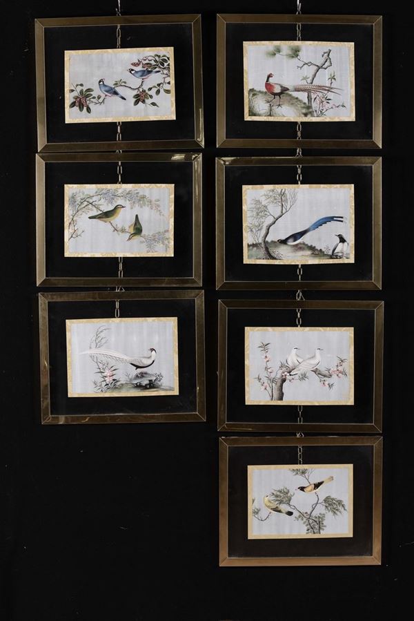 Sette acquerelli su carta di riso con uccelli, Cina XIX secolo