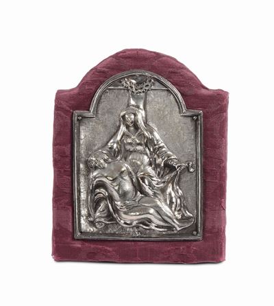 Antica Placca in Argento Sbalzato Raffigurante Deposizione, Venezia XVII° Secolo