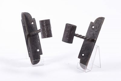 Due Lampioni da Portego in Legno Laccato Rosso con Appliques in Ferro Battuto, Venezia XIX Secolo
