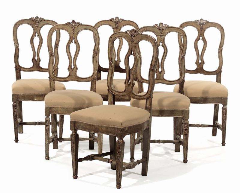 Sei sedie Luigi XVI in legno laccato, Venezia XVIII secolo  - Asta Antiquariato e Dipinti Antichi - Cambi Casa d'Aste