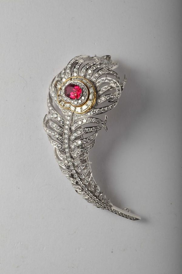 A diamonds and spinel plume brooch. By Enrico Cirio, Italy. Accompanied by R.A.G laboratory report
