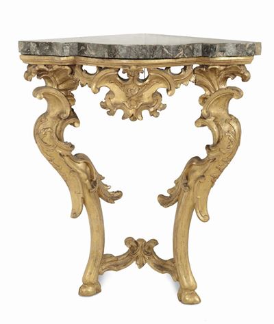 Coppia Angolari Luigi XV in Legno Intagliato e Dorato, XVIII Secolo
