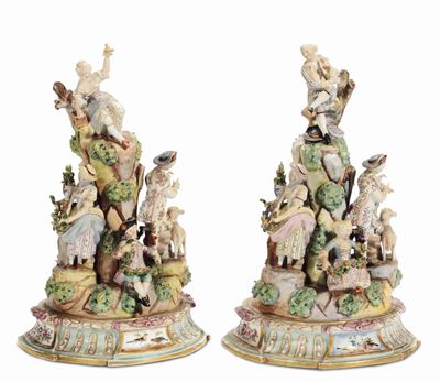 Coppia di Gruppi in Porcellana con Giovani Contadini su Alberi, Meissen XIX Secolo