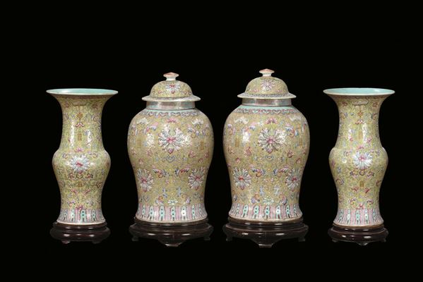 A decoration of polychrome porcelain vases on yellow and green background, China, Qing Dynasty, 19th century