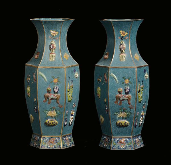 A pair of hexagonal-section cloisonné vases, China, Qing Dynasty, 19th century