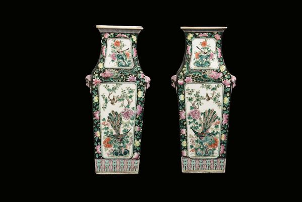 A pair of Famille-Noire porcelain vases, square-section decorated with floral motives and animals, China, Qing Dynasty, 19th century