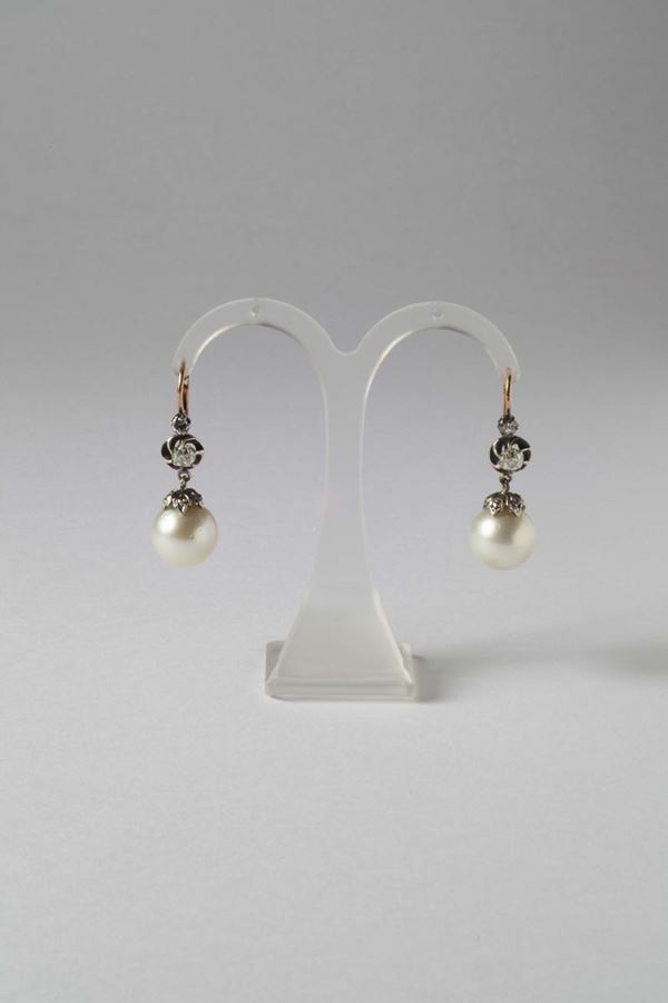 A pair of old-cut diamonds, silver, gold and australian pearls earrings