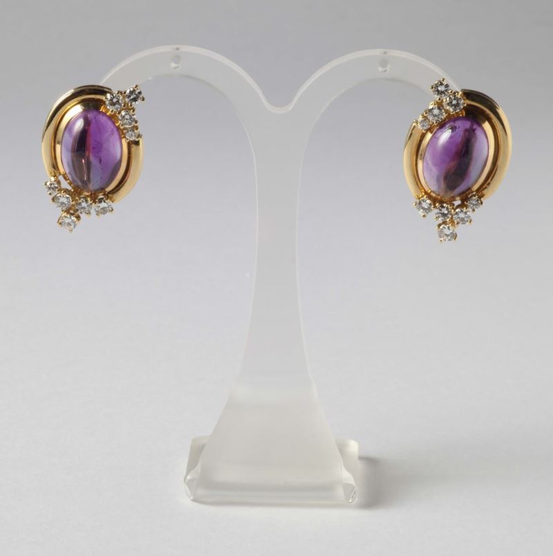 A pair of cabochon amethyst and diamonds earrings  - Auction Silvers and Jewels - Cambi Casa d'Aste