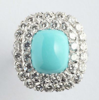 Anello con Turchese Impregnata e 40 Diamanti, Taglio Brillante, a Contorno