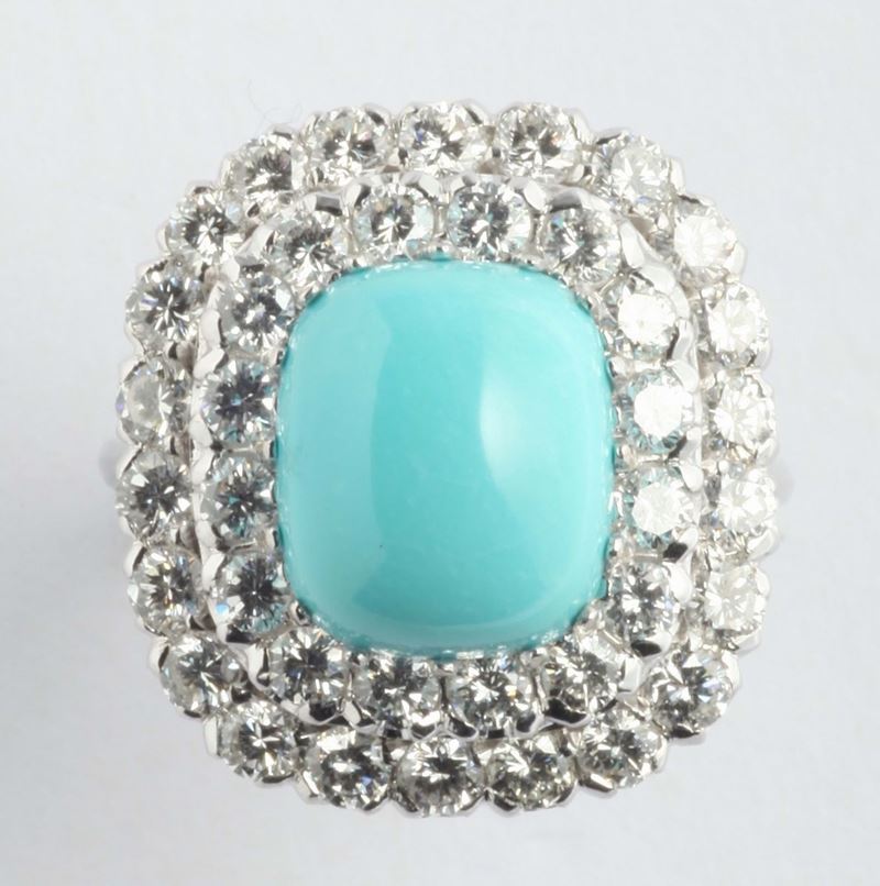 Anello con turchese impregnata e 40 diamanti, taglio brillante, a contorno  - Auction Silvers and Jewels - Cambi Casa d'Aste