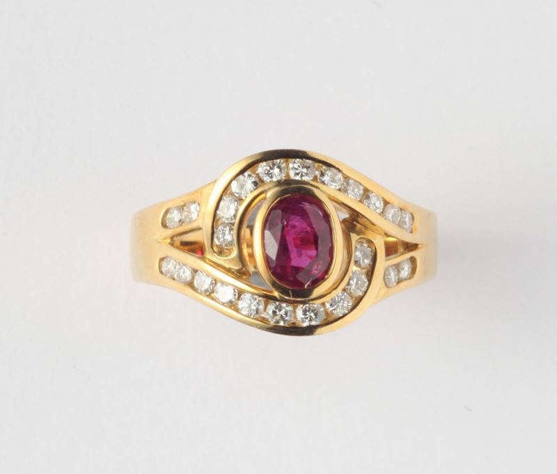 Anello con rubino Thailandese non scaldato e 24 diamanti  - Auction Ancient and Contemporary Jewelry and Watches - Cambi Casa d'Aste