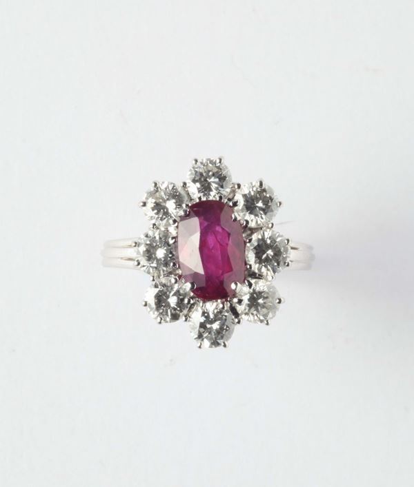 A ruby and diamonds cluster ring. No indication of heating (NTE)