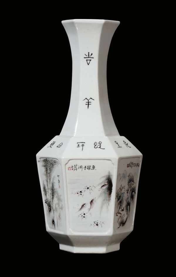 A polychrome porcelain vase with optagonal base, China, Republic, mid-20th century