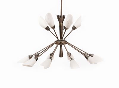 Lampadario in Ottone con Diffusori in Vetro Satinato. Prod. Italia, 1960 Ca.