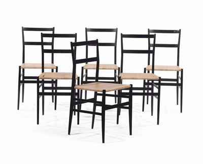 Gio Ponti Sei Sedie Superleggera in Frassino Laccato. Cassina, Italia, 1957