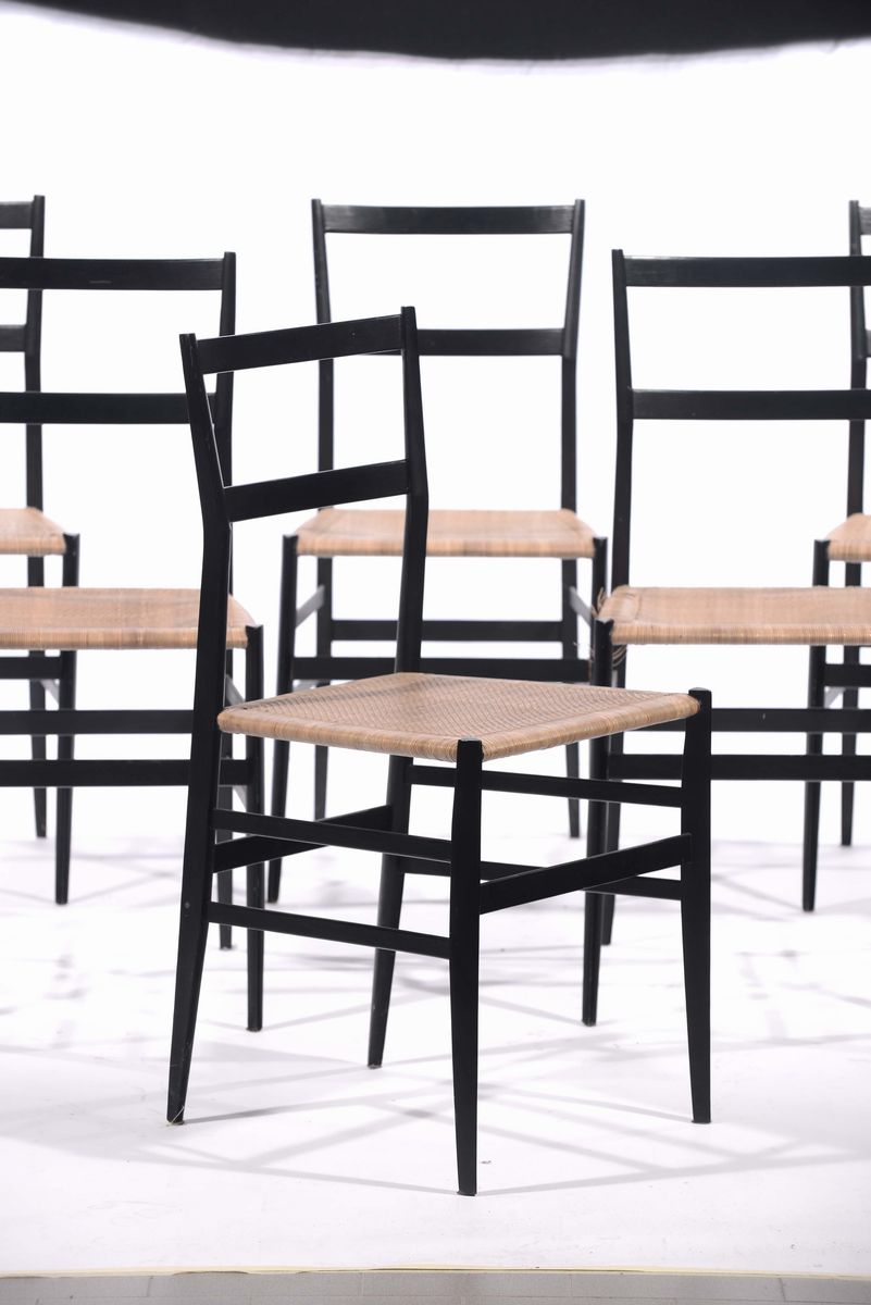 Gio Ponti Sei Sedie Superleggera in Frassino Laccato. Cassina, Italia, 1957