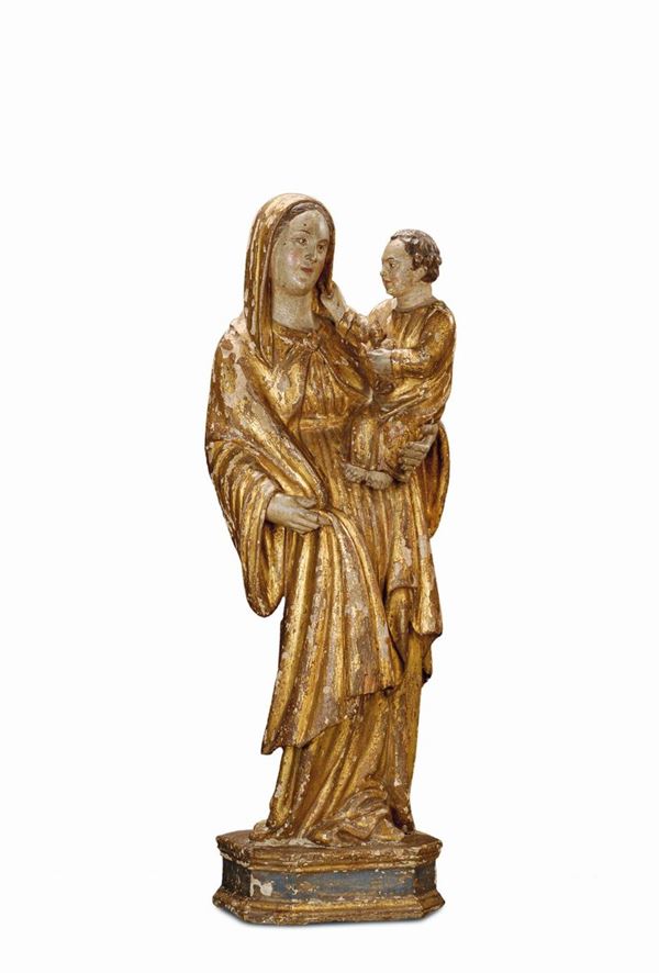 Madonna con Bambino in legno policromo e dorato, Italia XVIII secolo