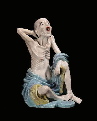 Statua in Porcellana Policroma Raffigurante Lohan, Cina, Repubblica, XX Secolo