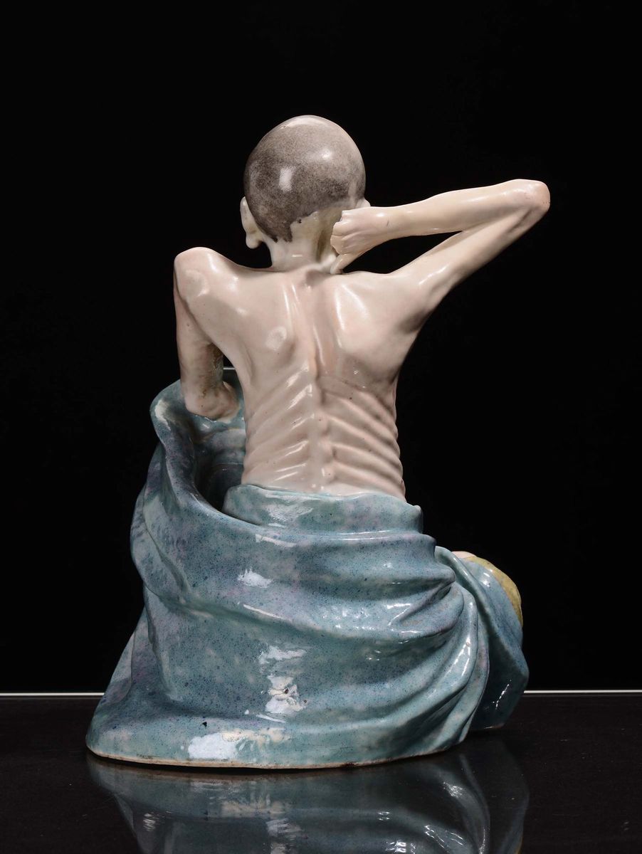 Statua in Porcellana Policroma Raffigurante Lohan, Cina, Repubblica, XX Secolo