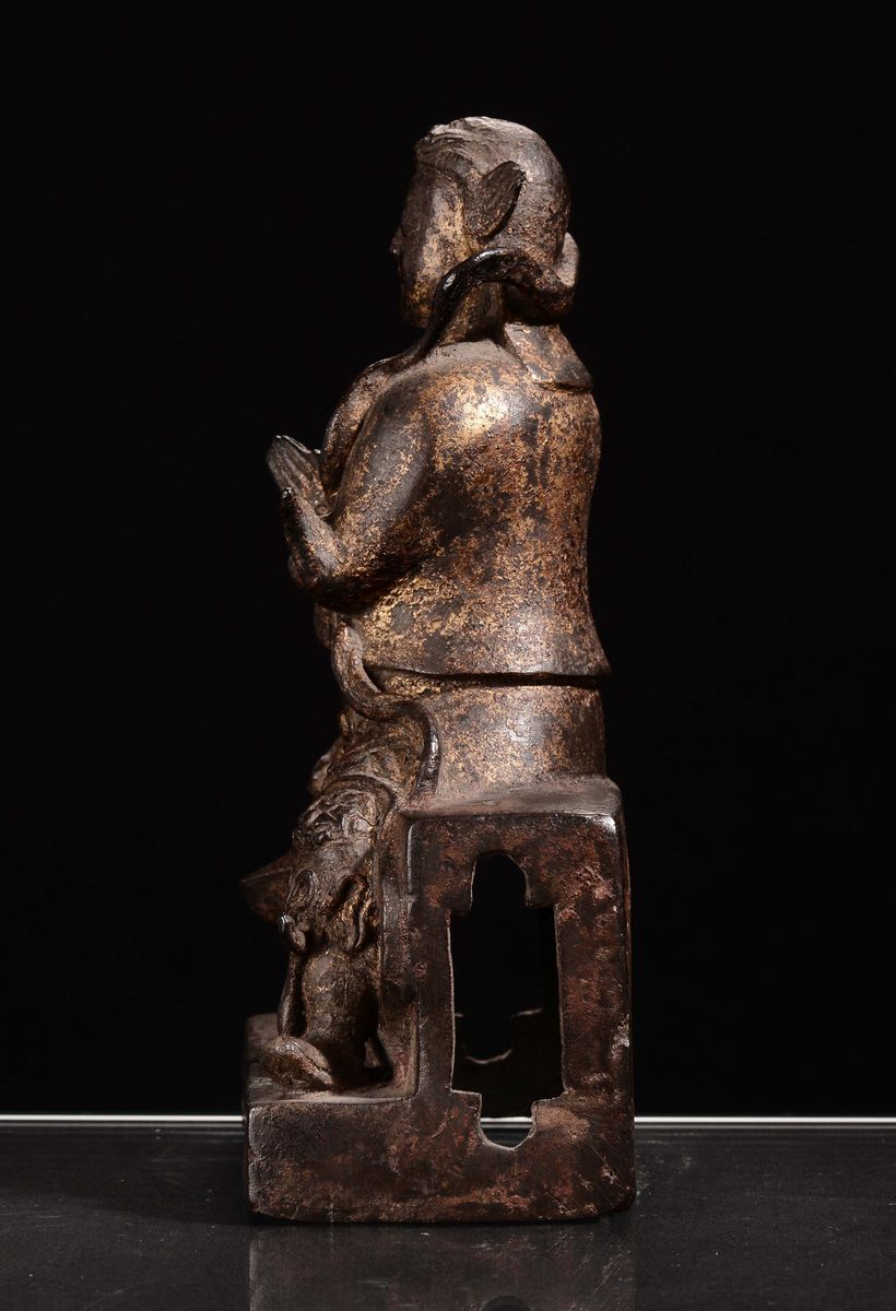Scultura in Bronzo Dorato Raffigurante Simhanada-avalokitesvara, Cina, Dinastia Ming, XVII Secolo