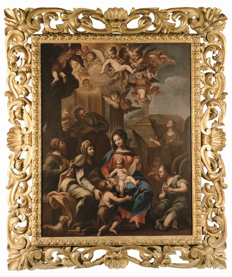 Scuola del XVII secolo Sacra Famiglia e angeli  - Asta Antiquariato e Dipinti Antichi - Cambi Casa d'Aste