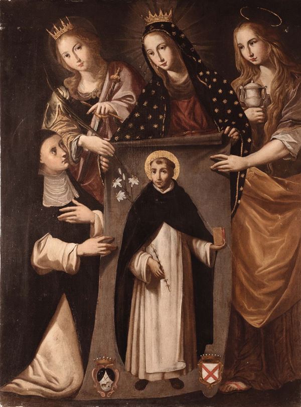 Scuola del XVII secolo La Vergine con Sante mostra l'immagine di S. Antonio